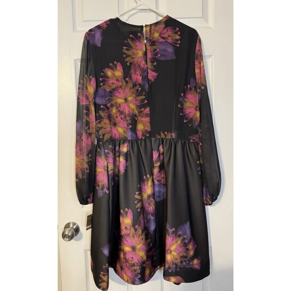 Taylor Dress 12 Black Plum Pink Floral Sheer Long Sleeve A Line Stretch NEW - Picture 15 of 15